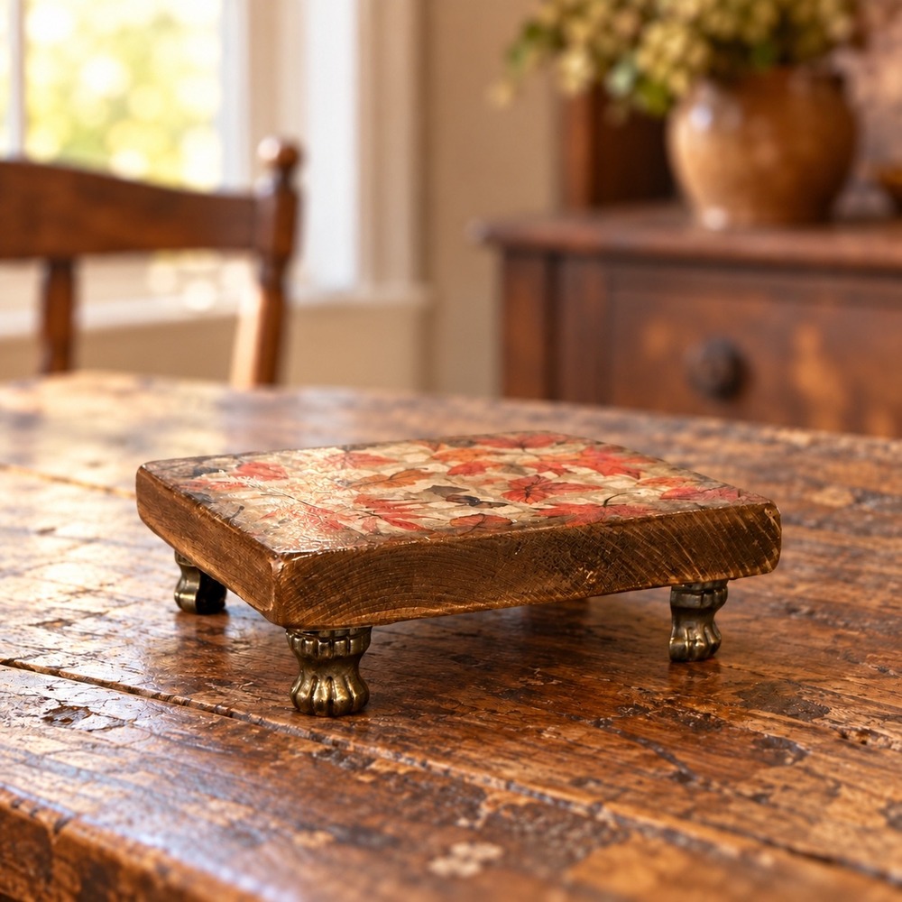Handmade Wooden Autumn Leaf Pedestal Riser Decorative Stand with Metal Feet